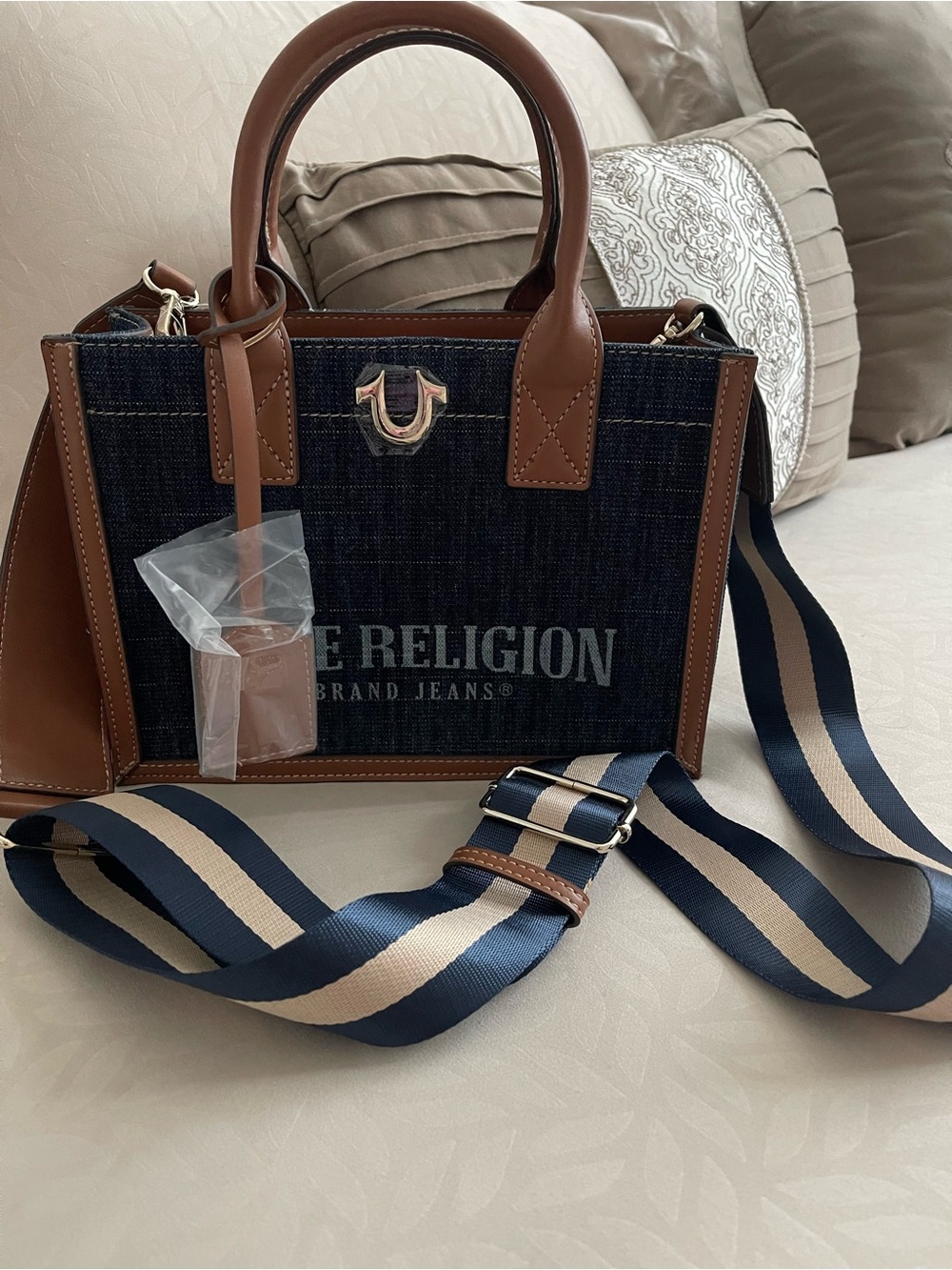 True Religion Dark Denim and Brown Leather Satchel with Navy and Cream Strap